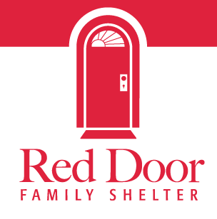 Red and white logo with a door