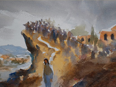 biblical artwork Jesus on the cliff