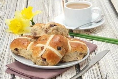 photo of hot cross buns and a cup of coffee