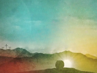 Artwork tomb with rock moved open