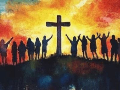 silhouette line of people with arms raised in praise artwork